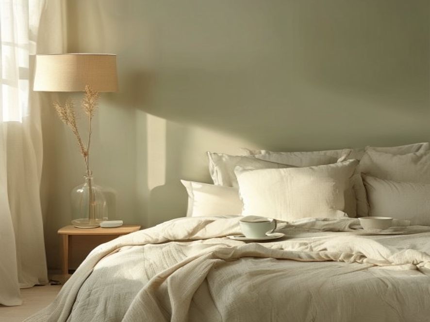 A nighttime scene showing soft lighting and calming home environment setup