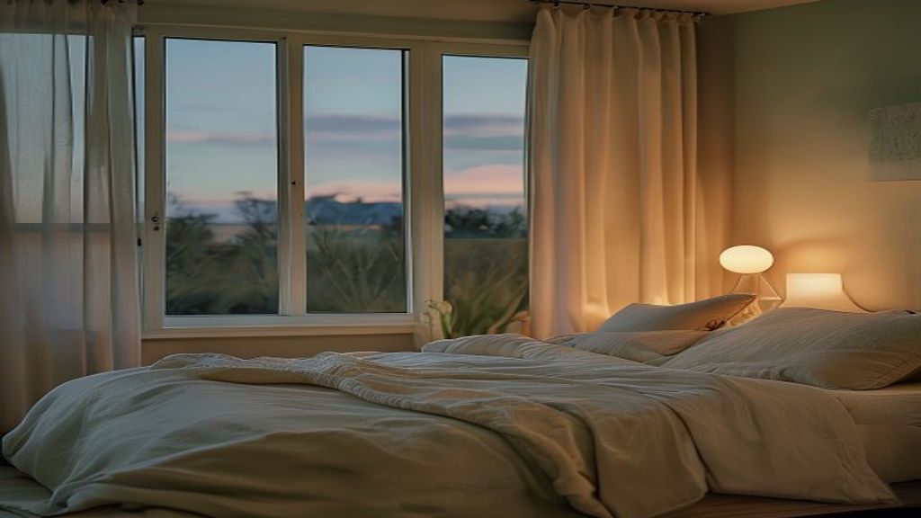 Warm evening light streaming through sheer curtains into a peaceful bedroom