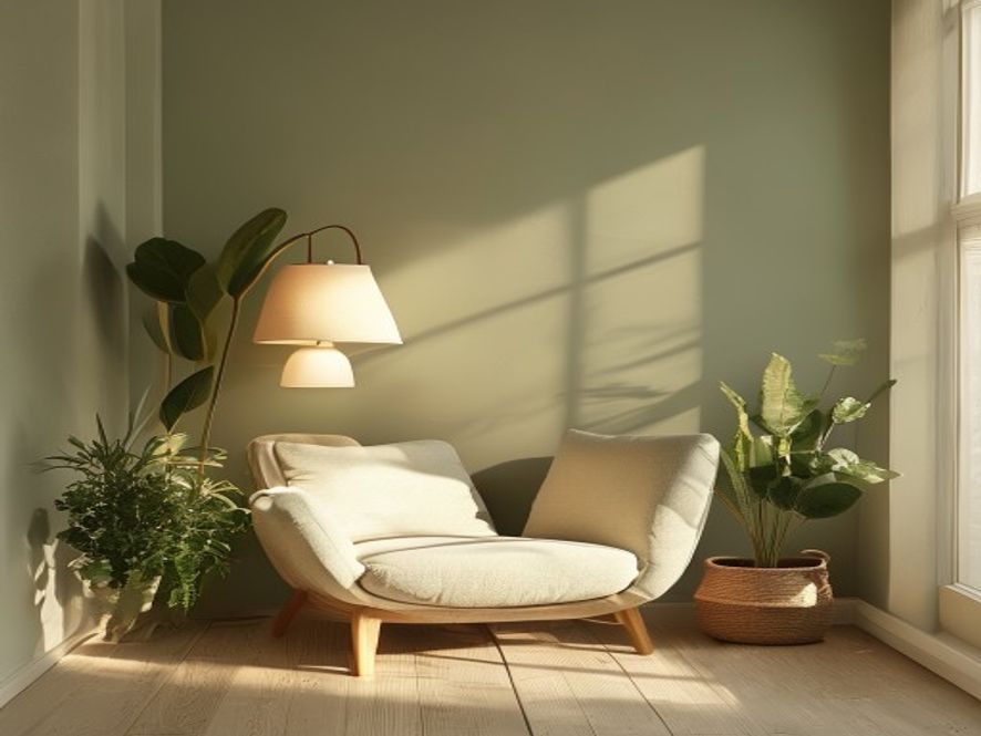 A minimalist bedroom corner with soft lamp, plants, and a comfortable reading chair in warm lighting